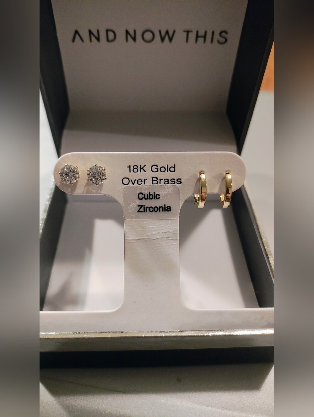 18K Gold Over Brass Hoop & Cubic Zirconia Stud Earring Set - Gold